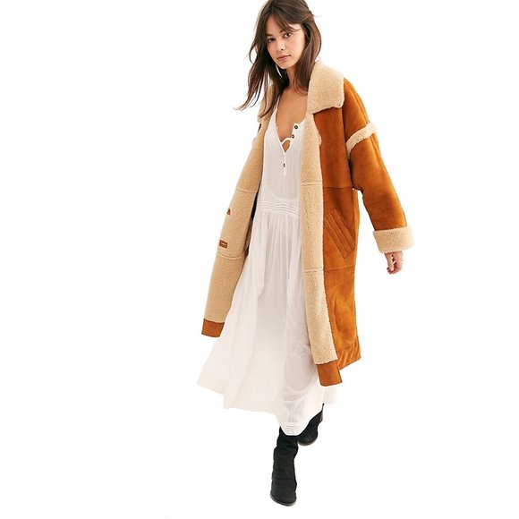 Free People Aspen Shearling Leather Coat Chestnut